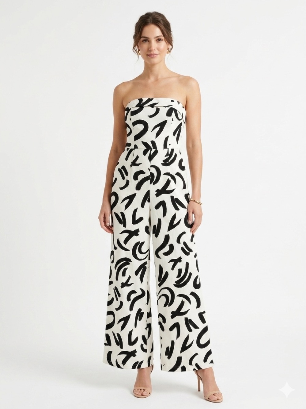 Thirty Thirty LA Women’s Strapless Jumpsuit Abstract Print Cream Black Size M